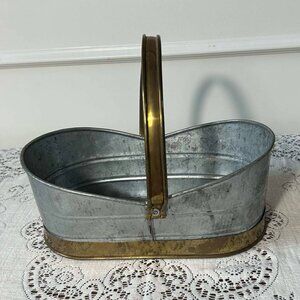 Galvanized tin basket with brass handle and trim